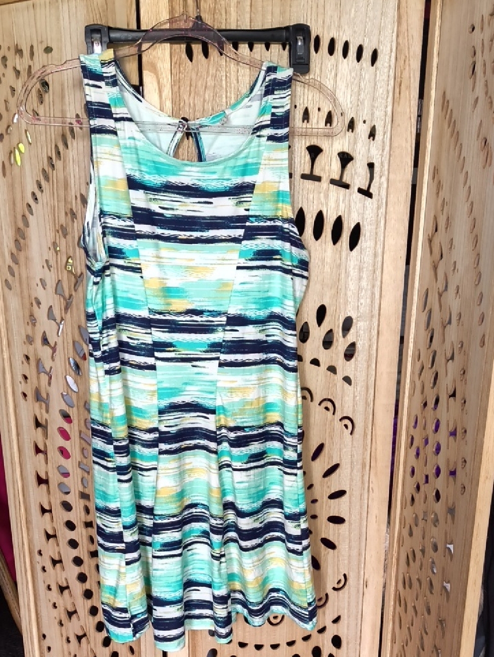 Women’s Sleeveless Striped Swing Dress in Aqua and Navy